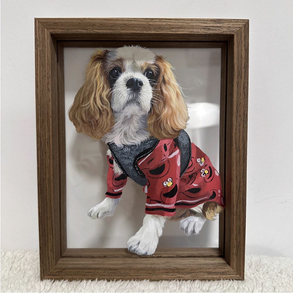 Custom Hand-Painted Cavalier King Charles Spaniel Portrait on Glass - Wooden framed display, dog in red outfit, long ear detail, pet birthday gift