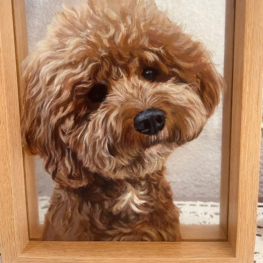 Custom hand-painted dog portrait on glass featuring a realistic painting of a brown Poodle.