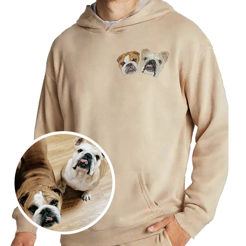 A custom hoodie featuring a detailed embroidered pet portrait.