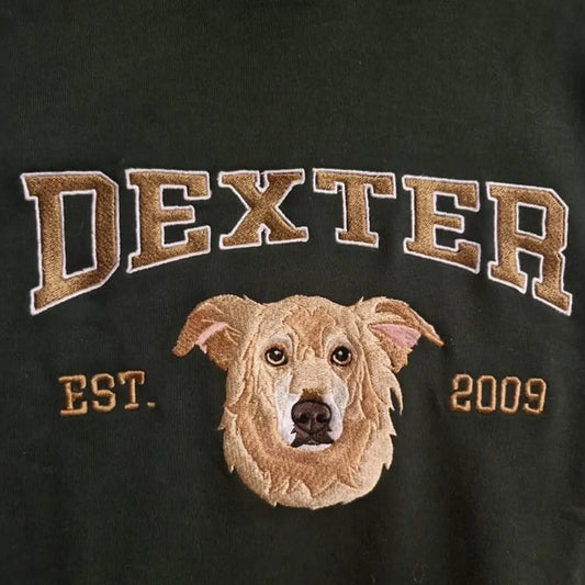 Black sweatshirt with embroidered dog's face on it.