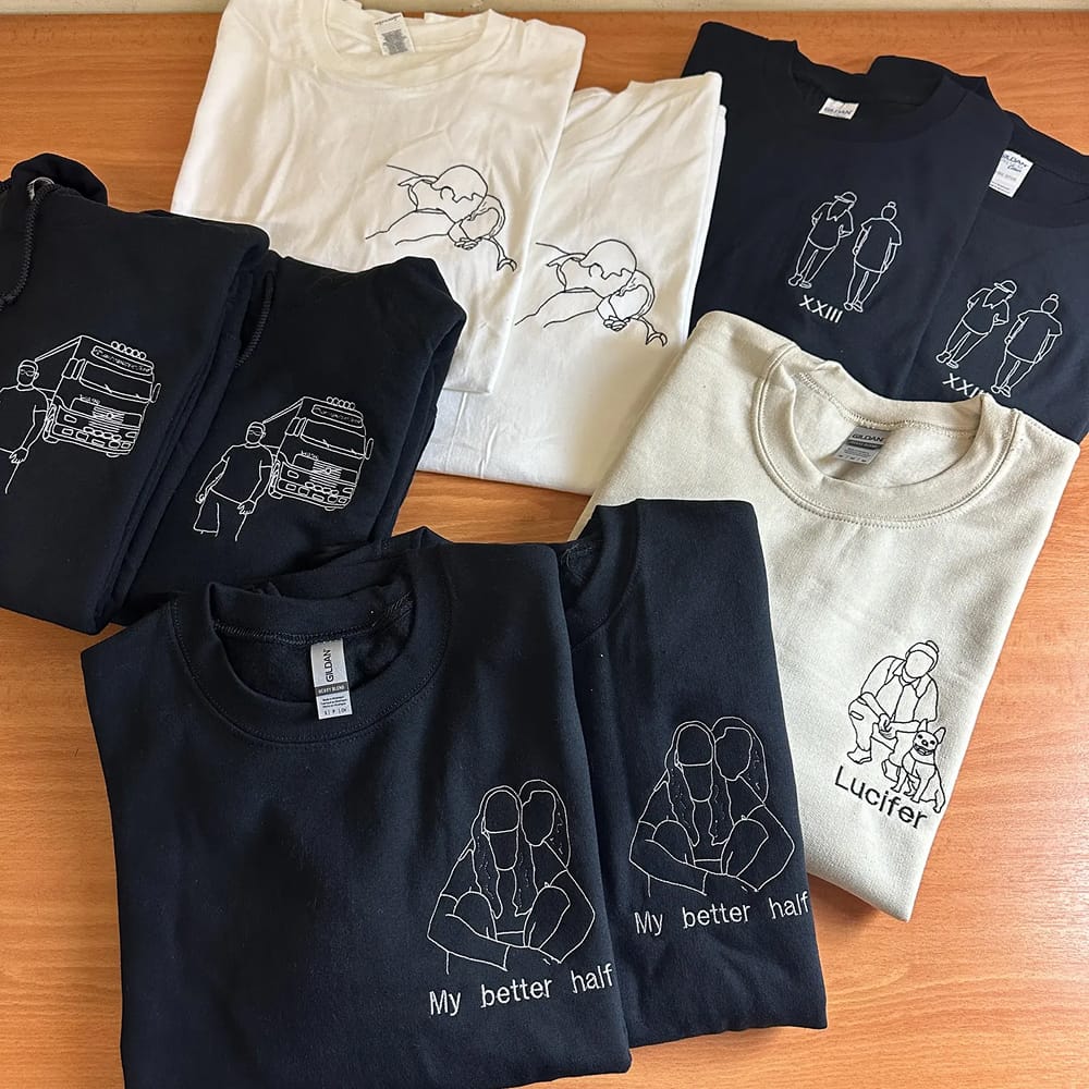 Custom Embroidered Outline Couple Photo Sweatshirt