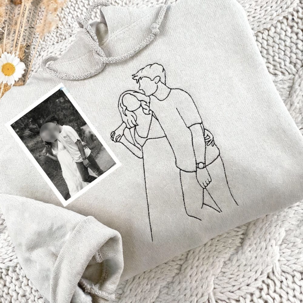 Custom Line Art Embroidered Sweatshirt For Couple
