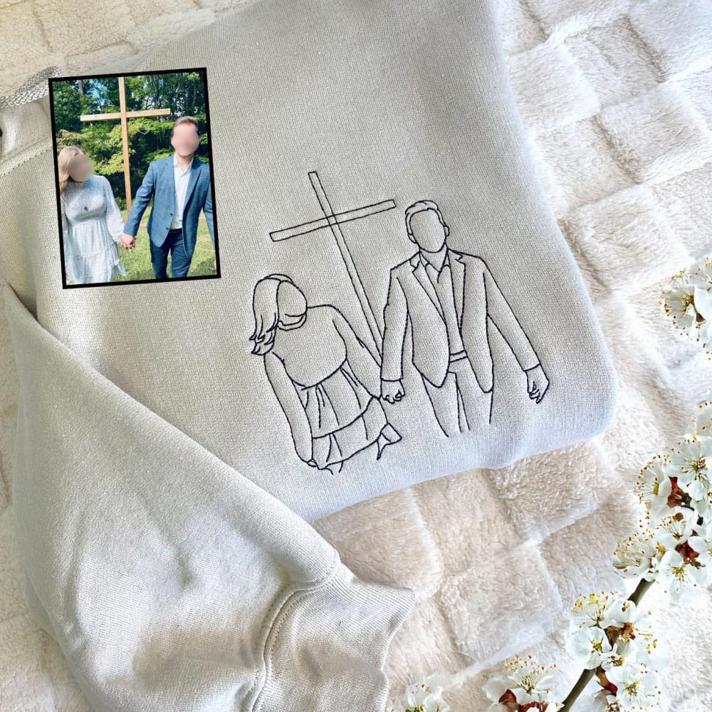 Custom Line Art Embroidered Sweatshirt For Couple