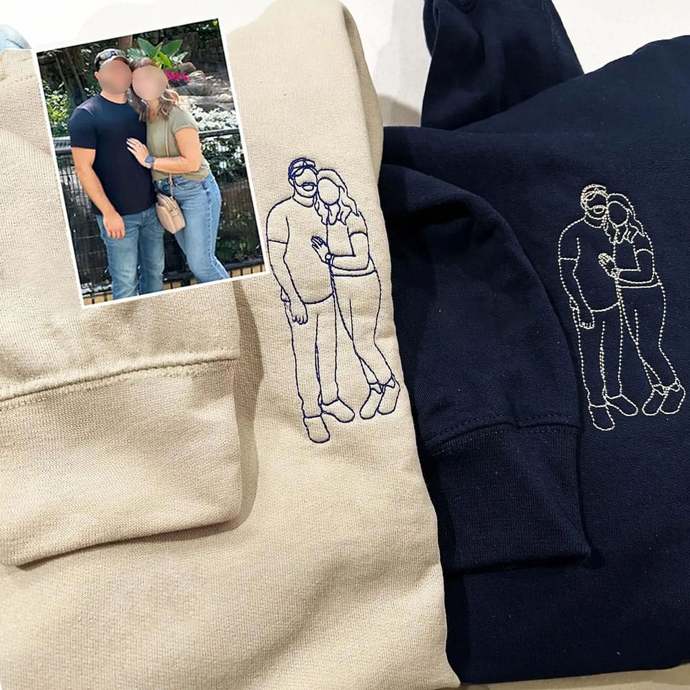 Custom Line Art Embroidered Sweatshirt For Couple