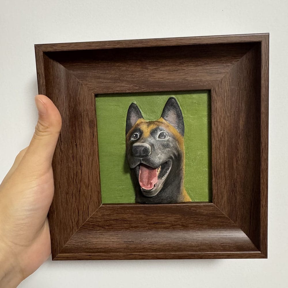 custom-dog-portrait-wood-carving-belgian-malinois Custom dog portrait wood carving of a happy Belgian Malinois, hand-painted 3D wooden relief sculpture.