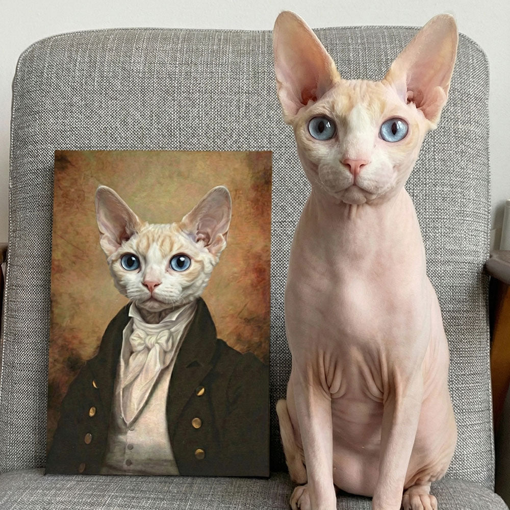 Sphynx cat sitting next to a portrait of a cat in formal attire on a gray chair.