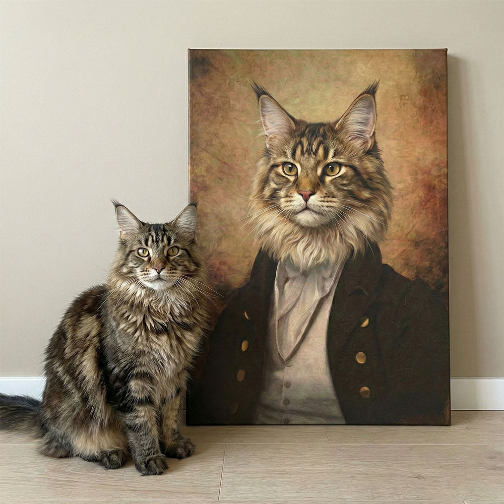 Real cat sitting next to a portrait of a cat in formal attire on a beige wall.