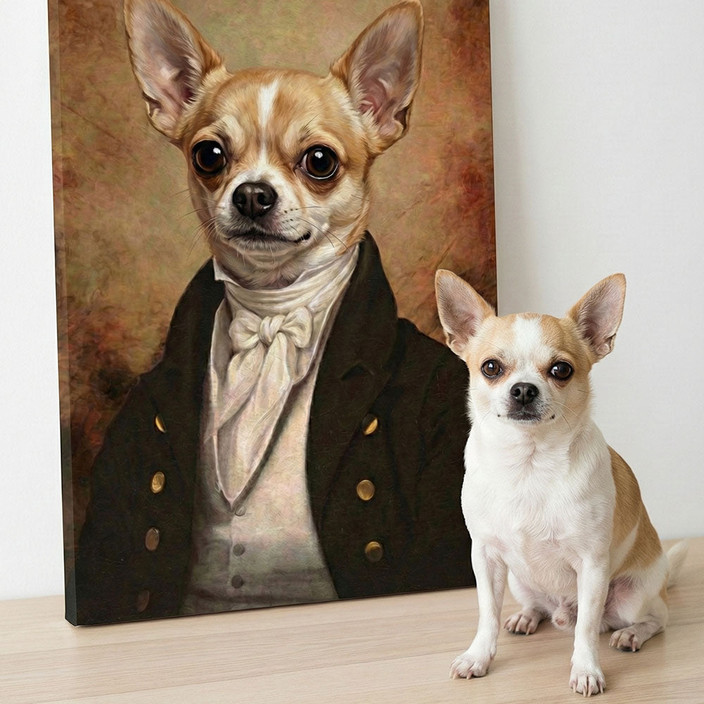 Dog sitting next to a portrait of itself dressed in formal attire.