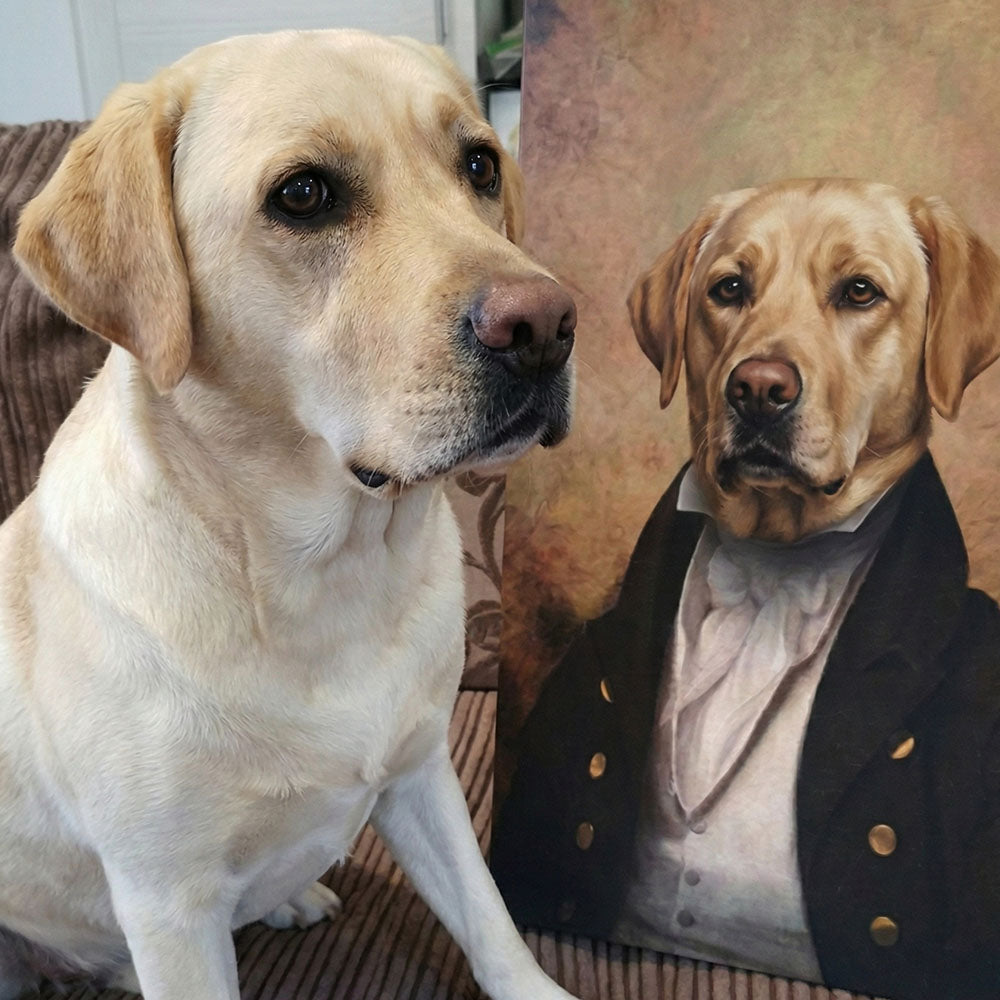 Real-life dog next to a portrait of a dog in formal attire