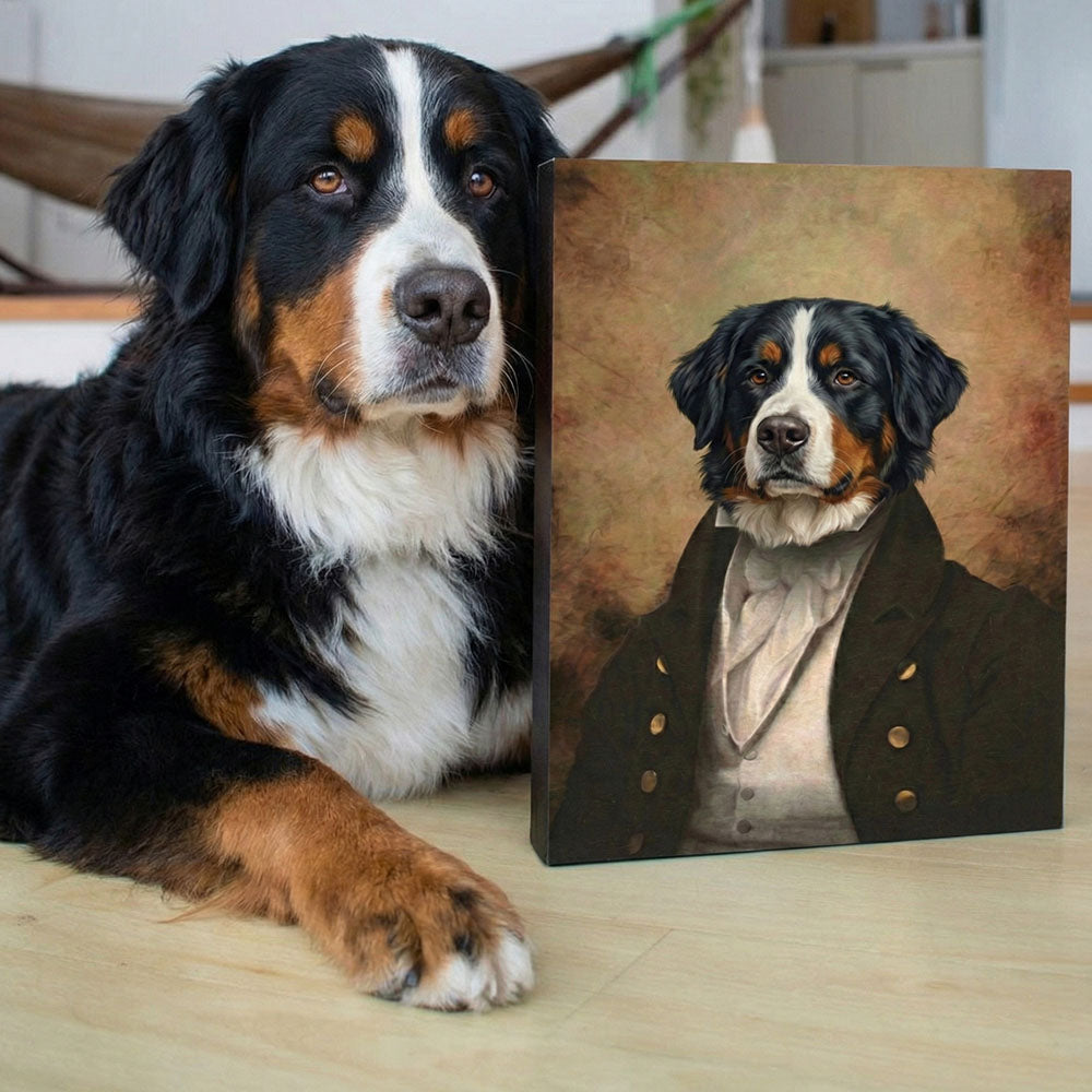 Dog next to a portrait painting of itself dressed in formal attire