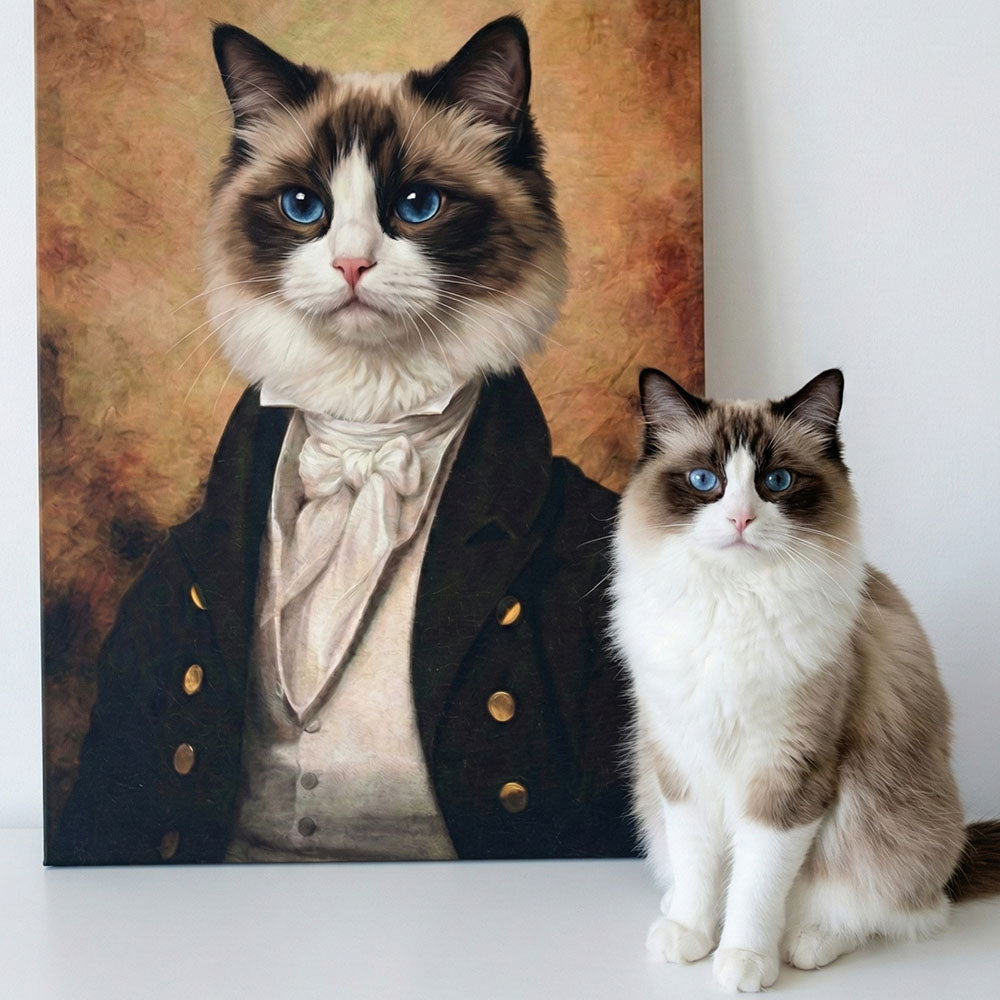 Real cat sitting next to a portrait of a cat in formal attire.
