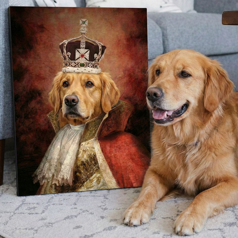 Real-life Golden Retriever next to a painting of a dog wearing a crown and robe.