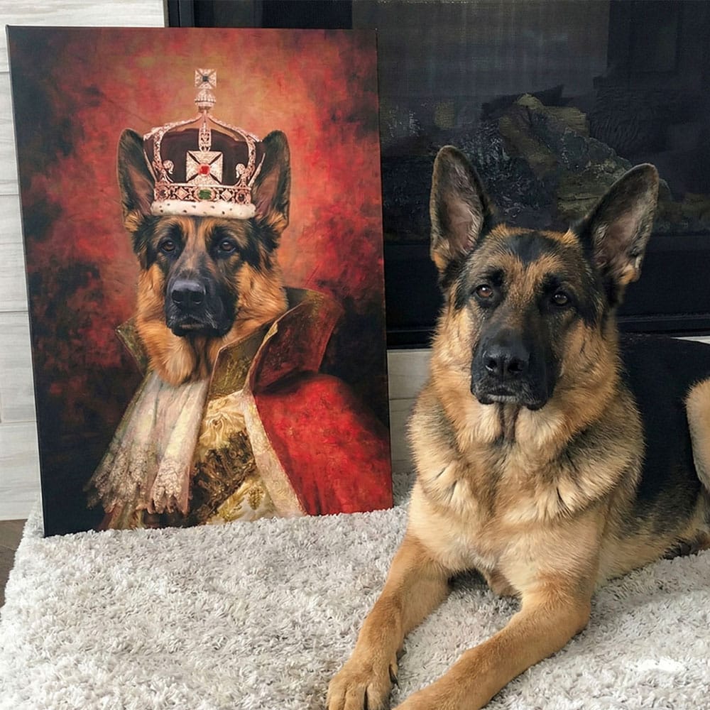 Real German Shepherd dog next to a painting of a dog wearing a crown and regal attire.