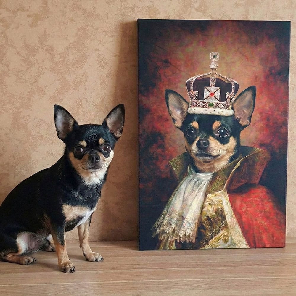 Real-life dog next to a painting of a dog in regal attire with a crown.