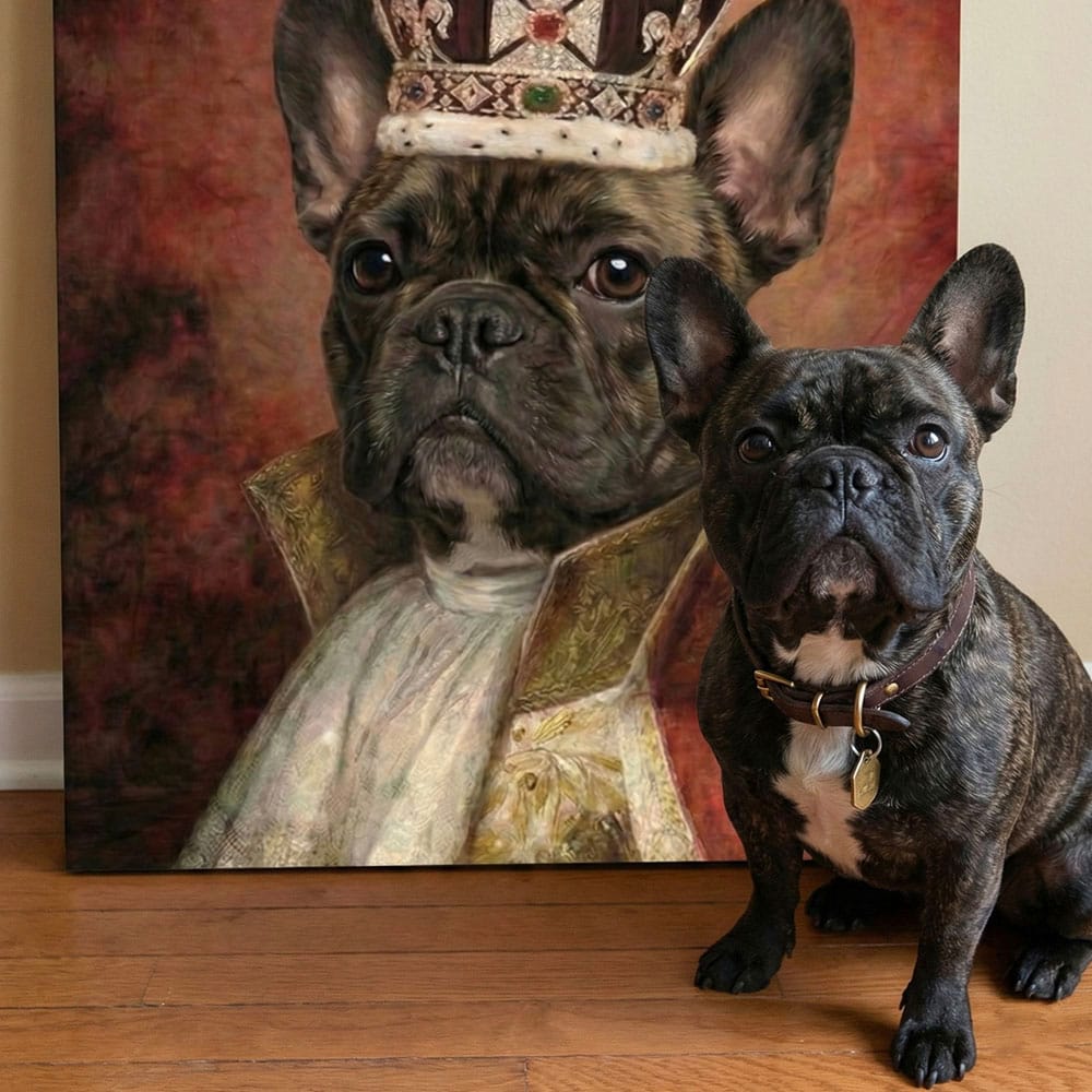 Realistic painting of a dog in regal attire next to a real dog on a wooden floor.
