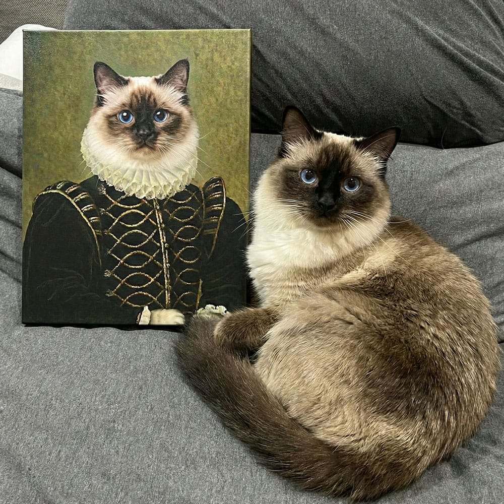 Cat sitting next to a portrait of a cat in historical attire on a gray surface.
