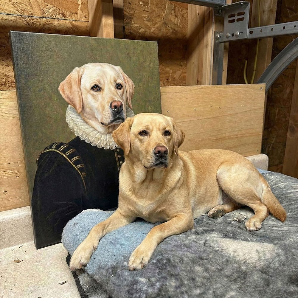 Realistic painting of a dog next to a dog sitting on a stone surface.
