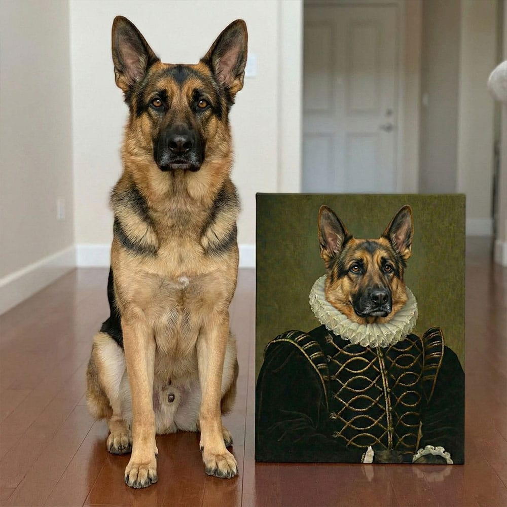 Real German Shepherd dog next to a stylized portrait of itself in regal attire.
