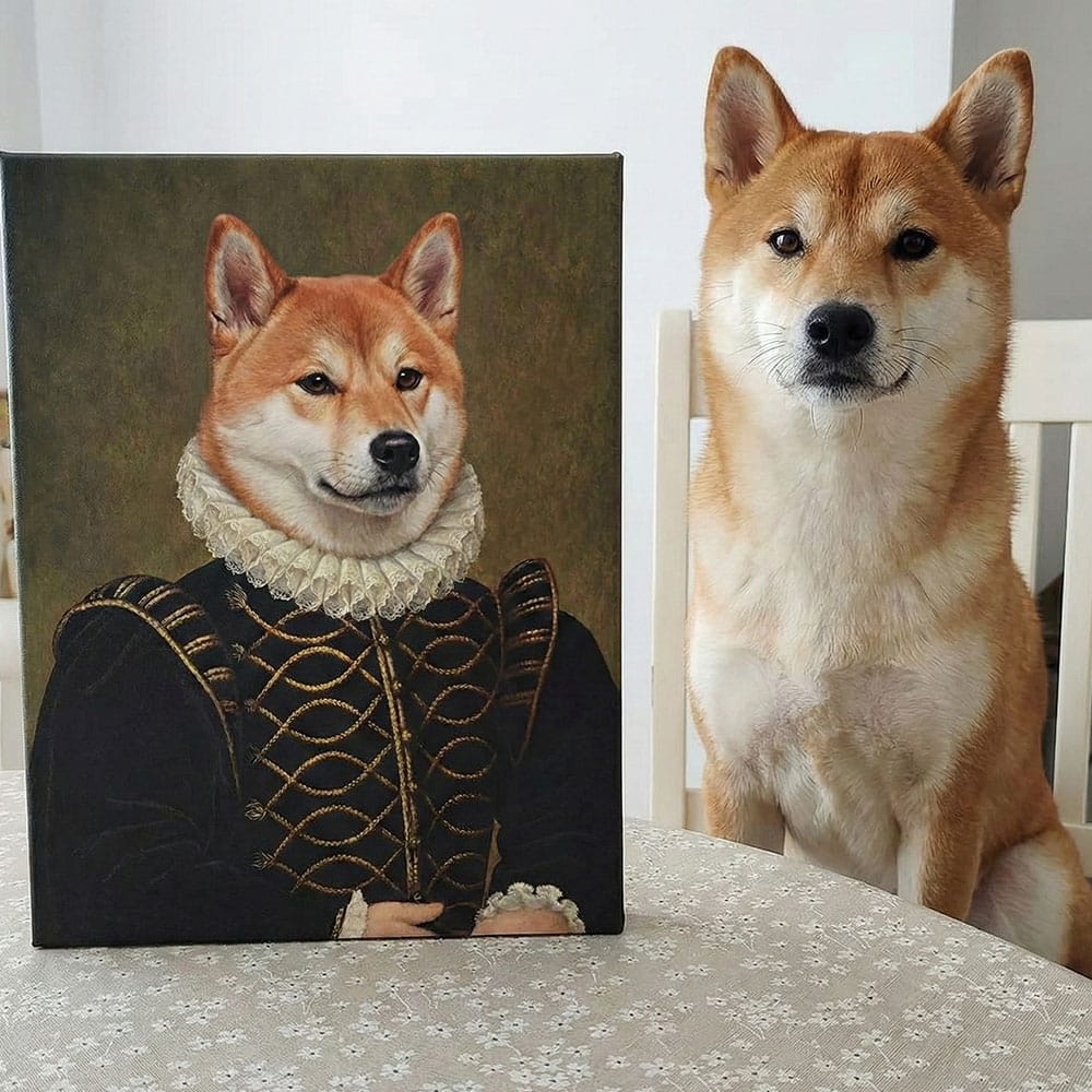 Dog sitting next to a portrait of itself in historical attire on a table.