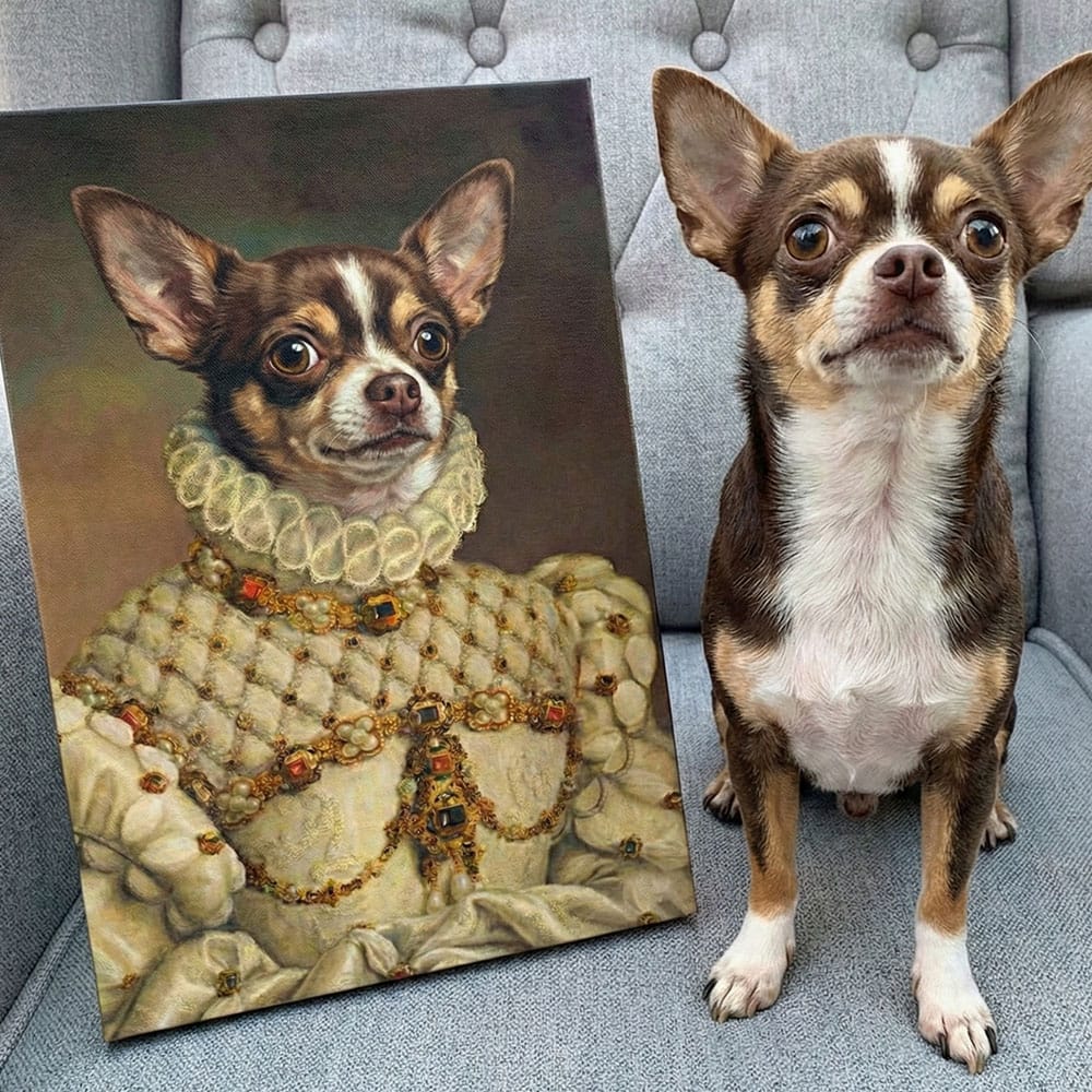 Dog sitting next to a painting of itself in regal attire on a gray couch.