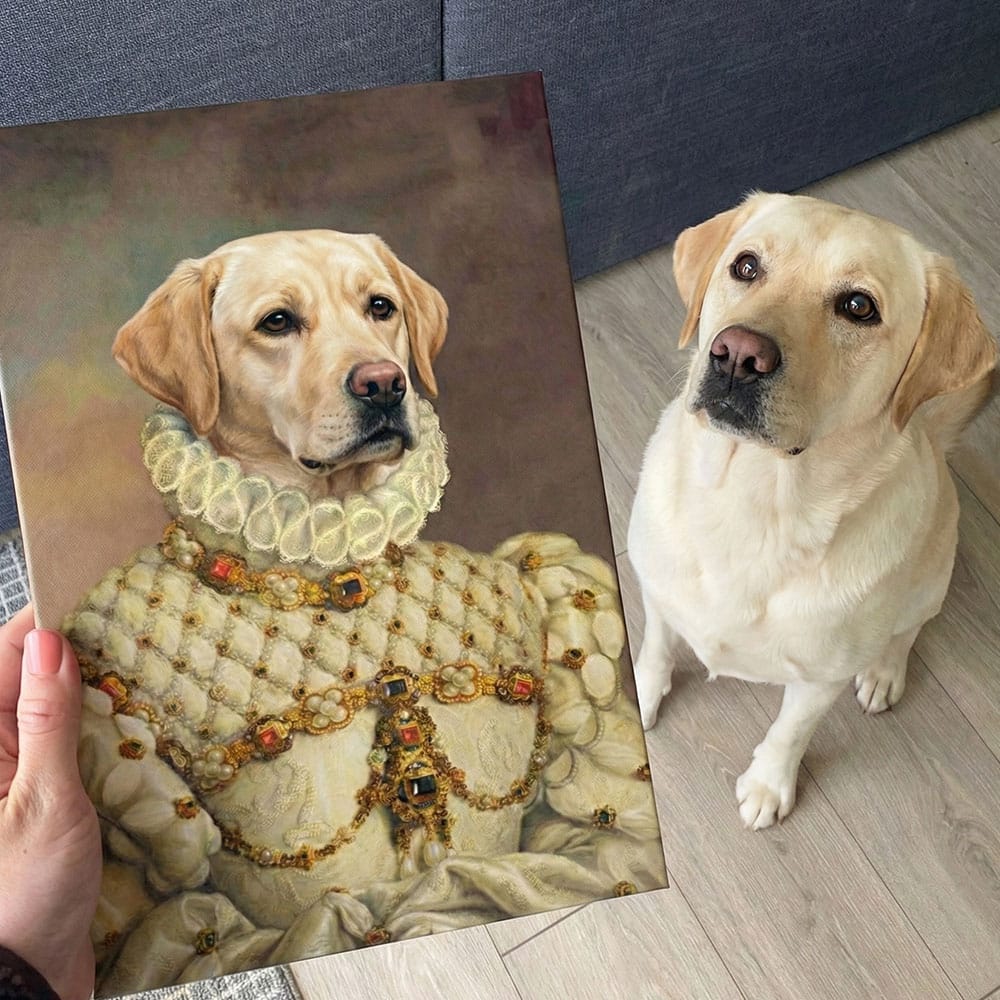 Dog wearing a decorative outfit with a hand holding a portrait of a dog in regal attire.