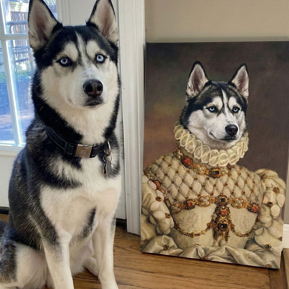 Realistic portrait of a dog in regal attire next to a Siberian Husky sitting on a wooden floor.