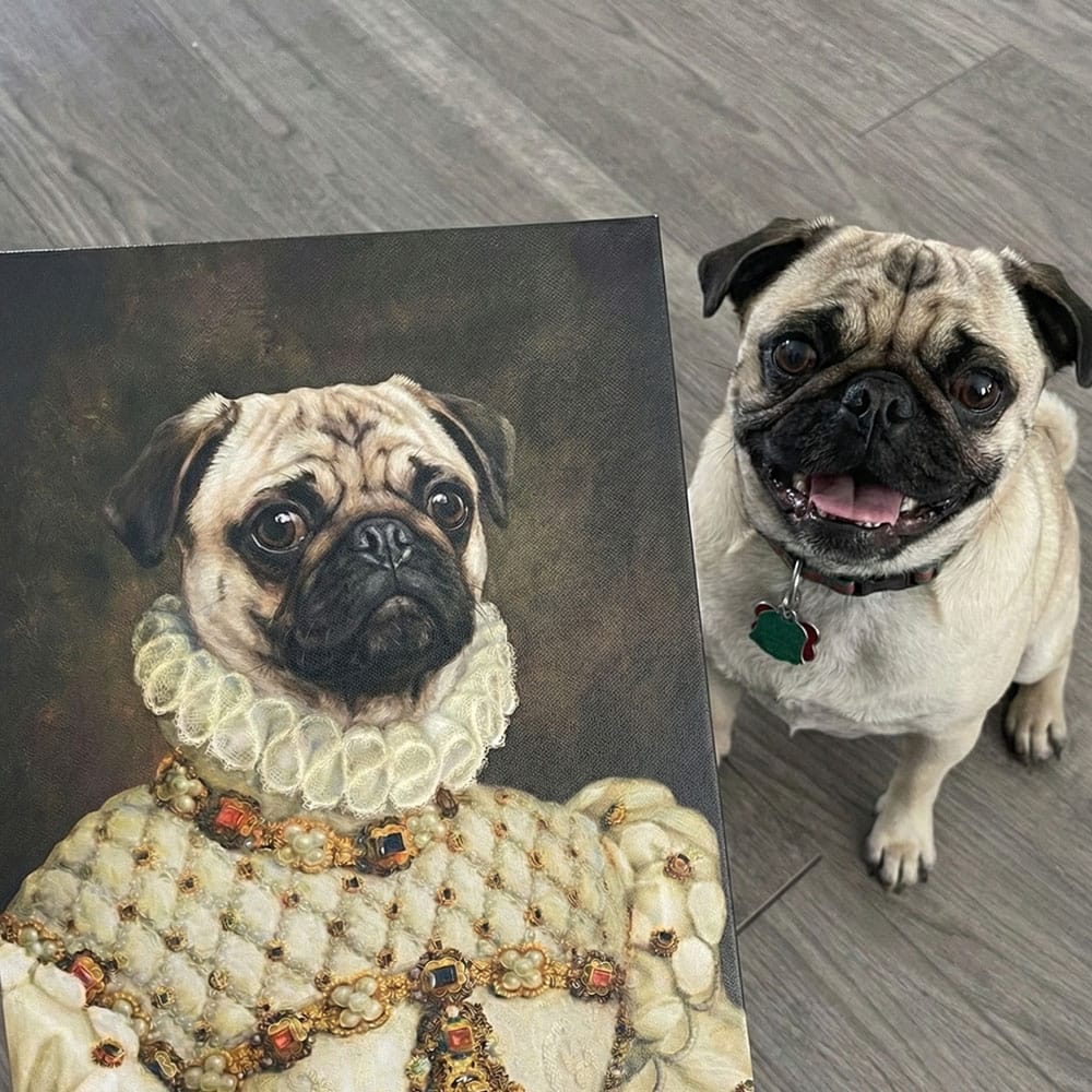 Pug dog next to a painting of itself in regal attire on a wooden floor.