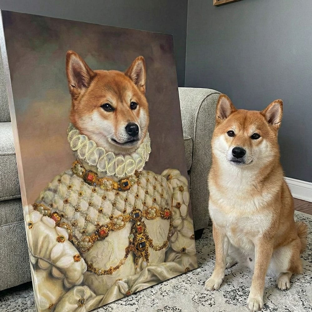 Dog sitting next to a portrait of itself dressed in regal attire
