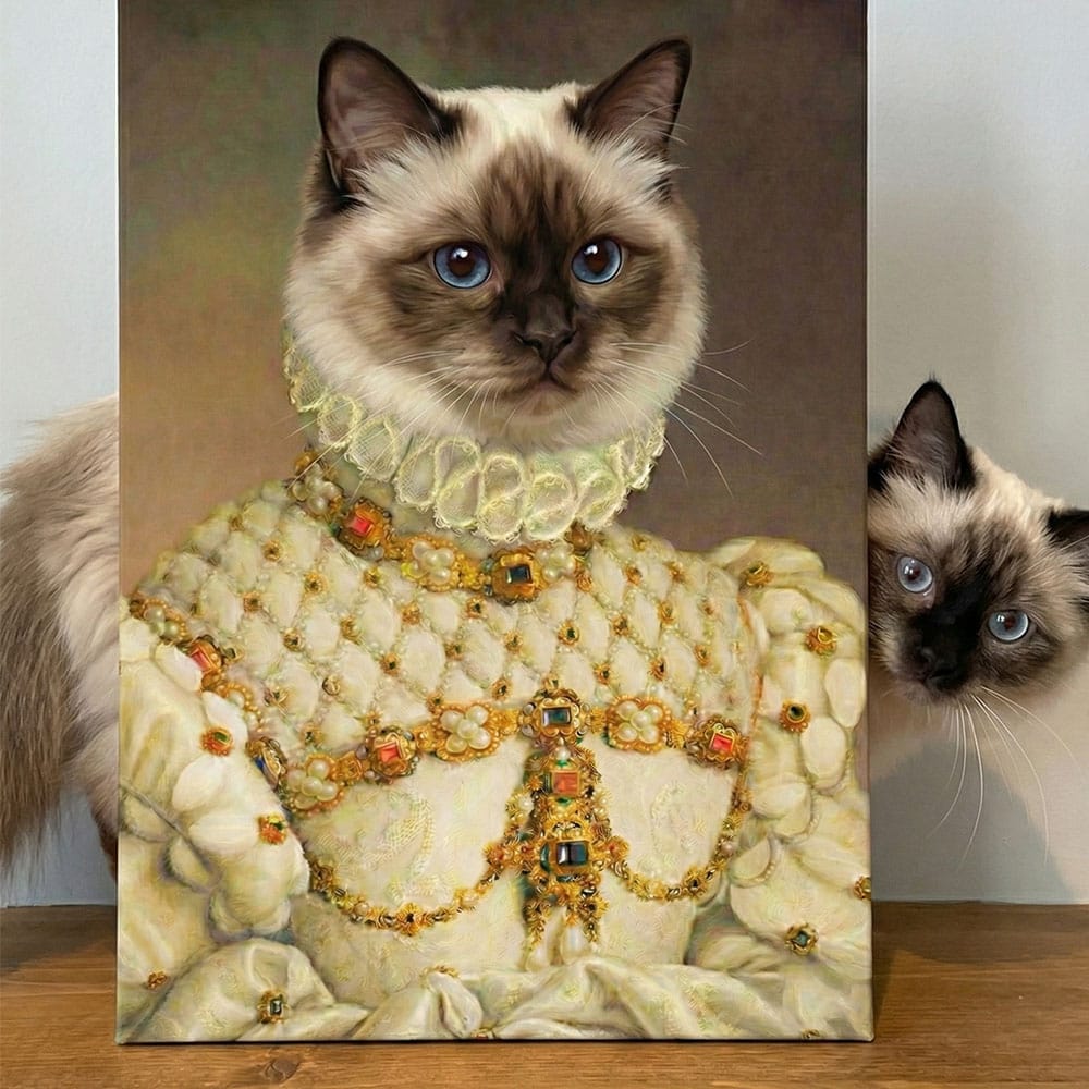 Cat wearing a decorative outfit with jewelry, standing next to a painting of itself in similar attire.