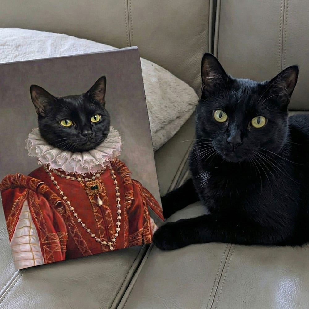 Black cat sitting next to a pillow with a portrait of a black cat in historical attire on a beige couch.