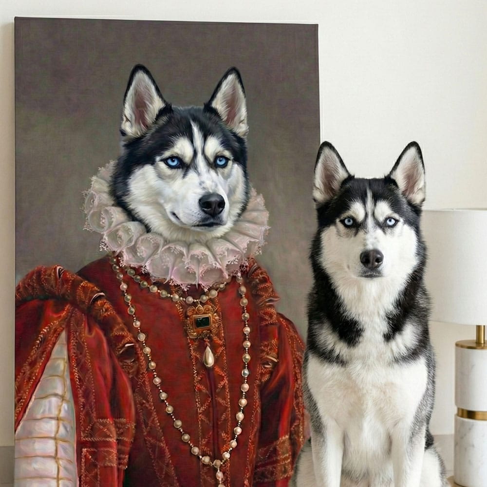 Dog in Renaissance attire next to a portrait of a dog with similar features
