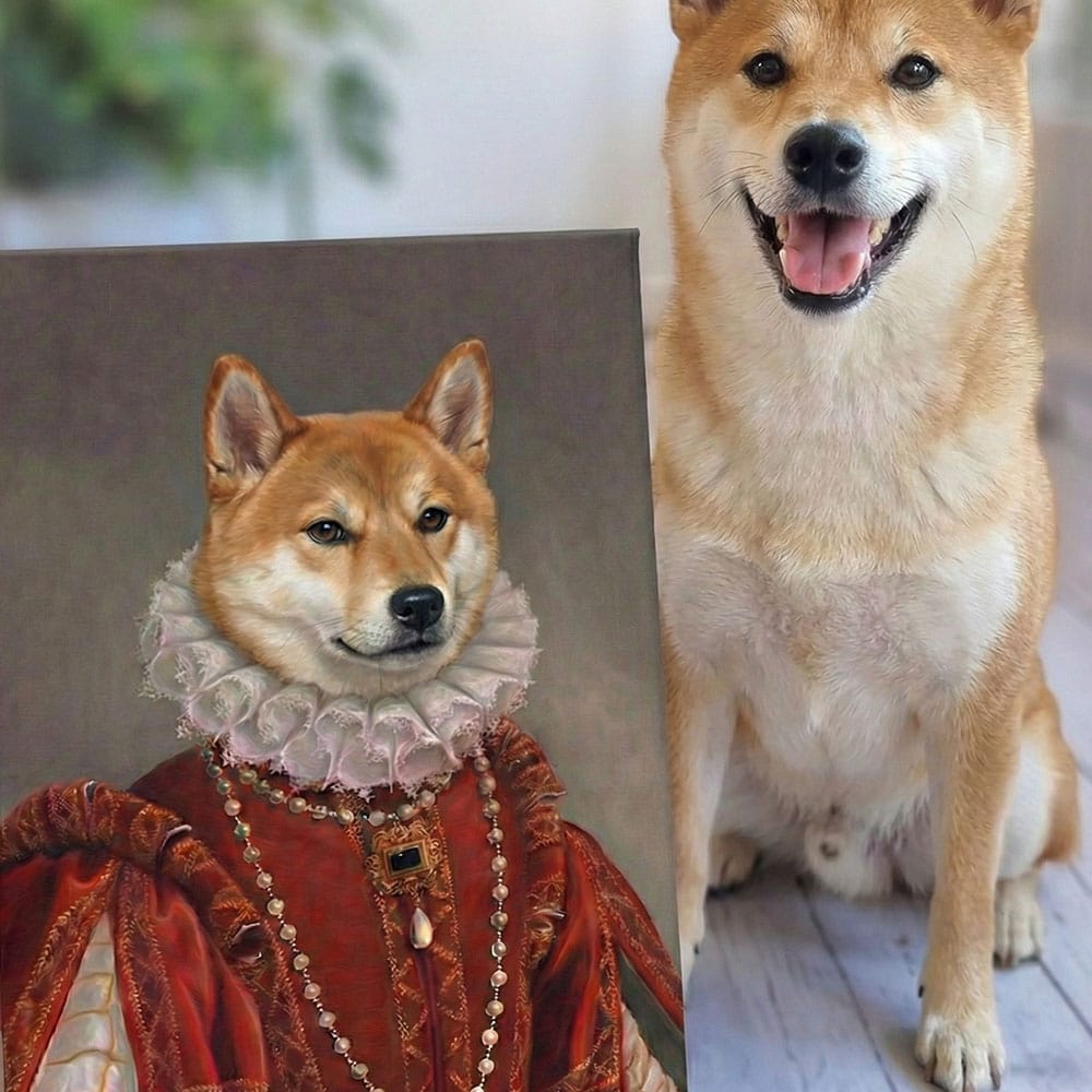 Dog in Renaissance-style clothing next to a real-life Shiba Inu