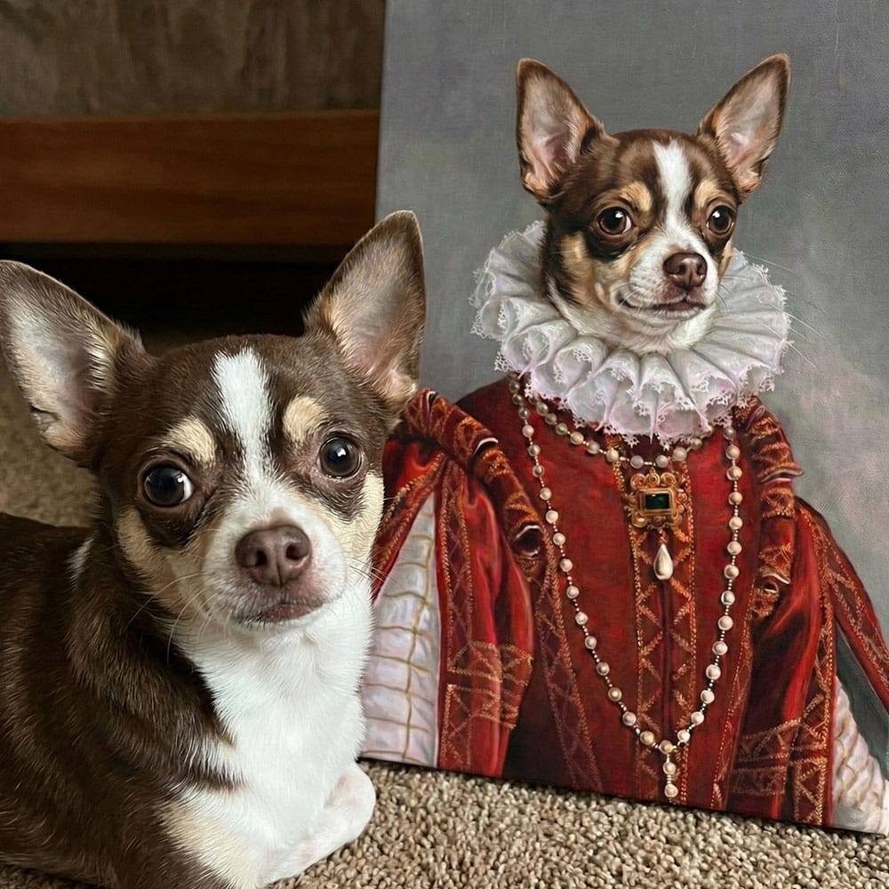 Two dogs, one in a historical costume and the other in a modern setting.