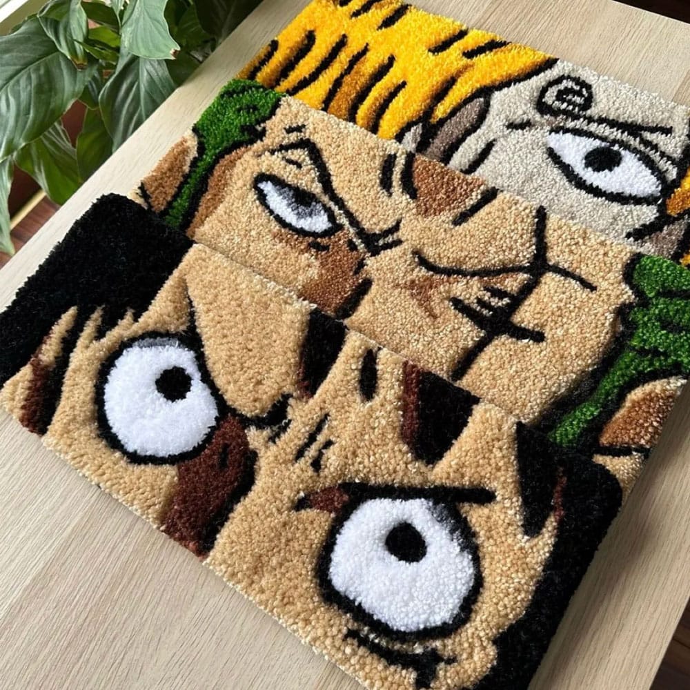 Three custom tufted rugs featuring cartoon and anime character designs.