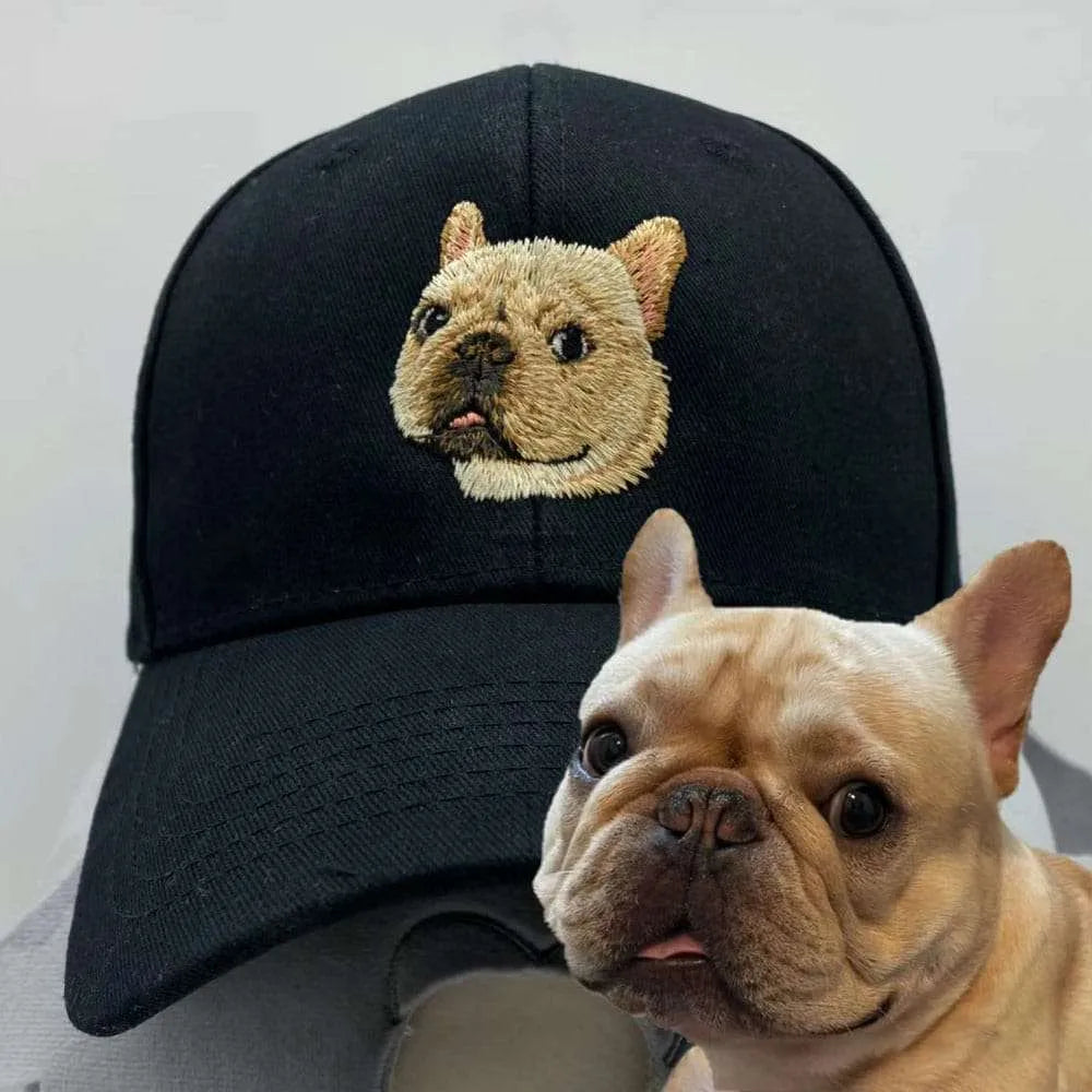 A custom embroidered hat featuring a detailed pet portrait.