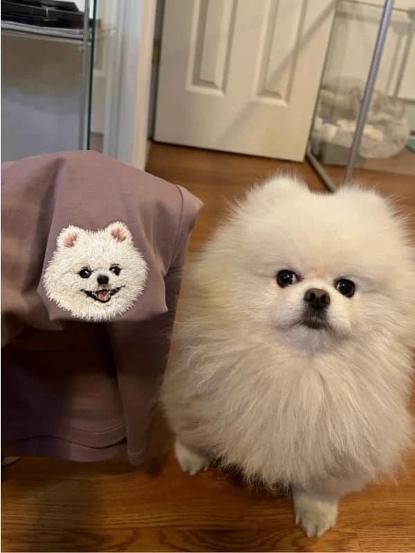A custom sweatshirt featuring a detailed embroidered pet portrait.