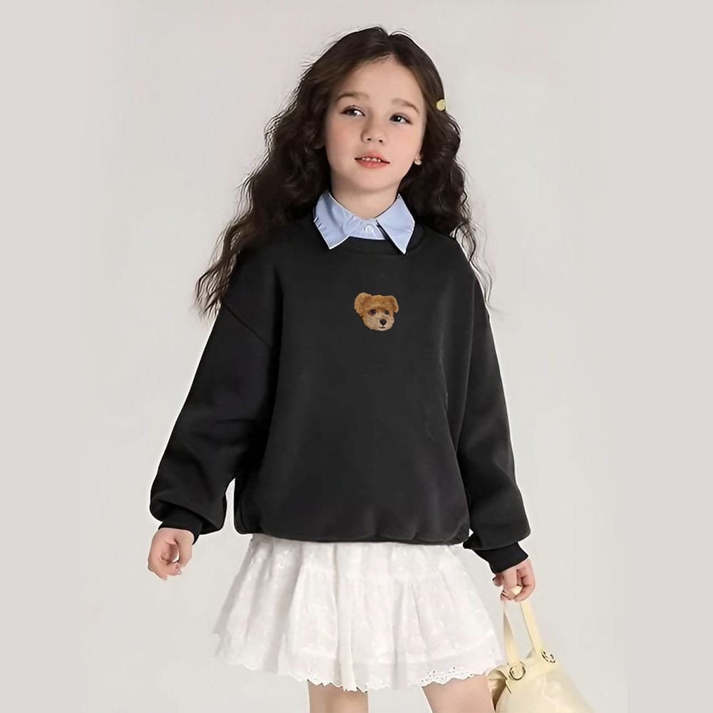 A black custom embroidered pet portrait sweatshirt designed for kids.