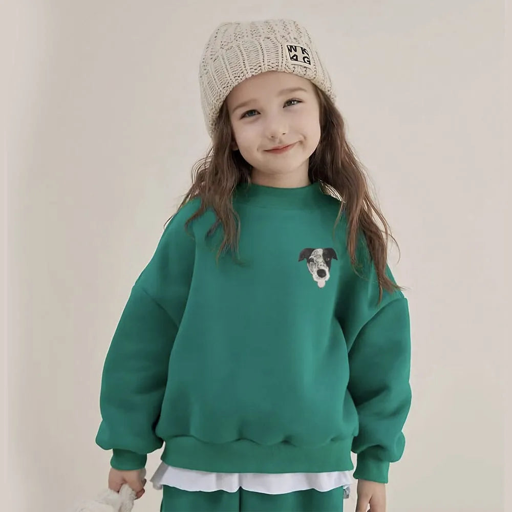 A green custom embroidered pet portrait sweatshirt designed for kids.