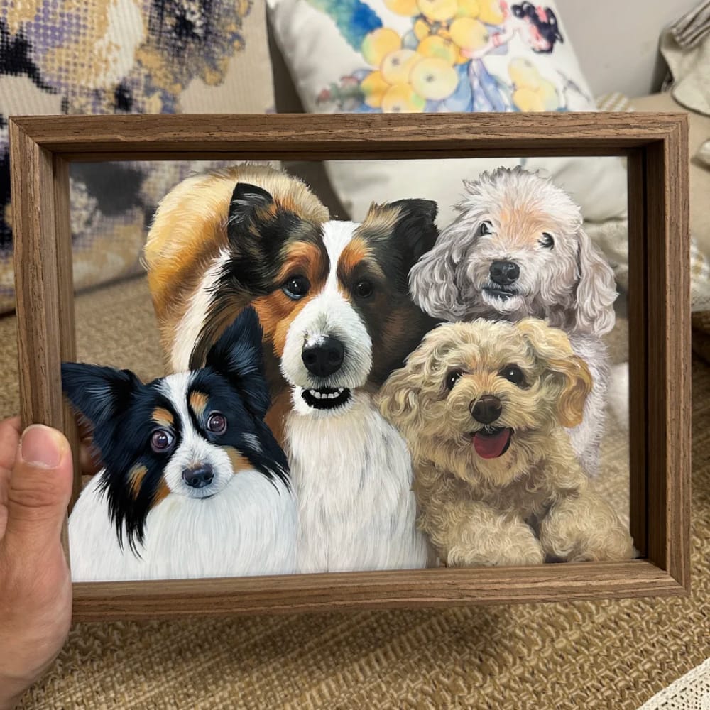 Custom hand-painted dog portrait on glass featuring a group of four different dogs.