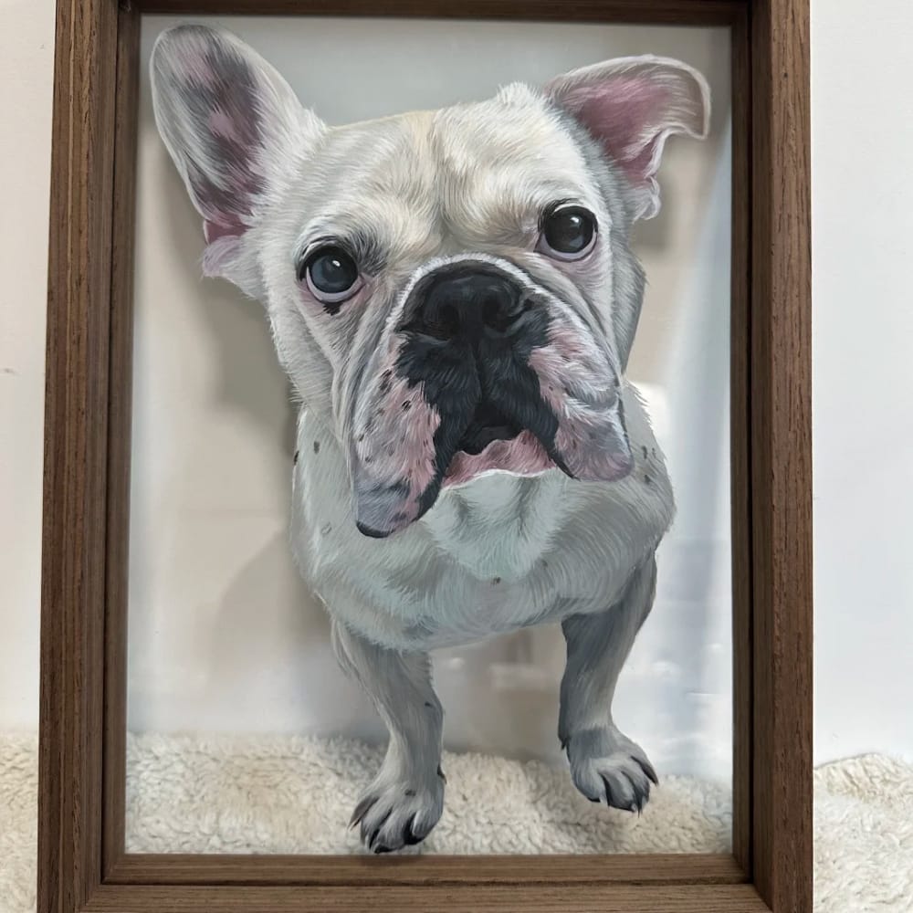 Custom hand-painted dog portrait on glass featuring a realistic painting of a white French Bulldog.