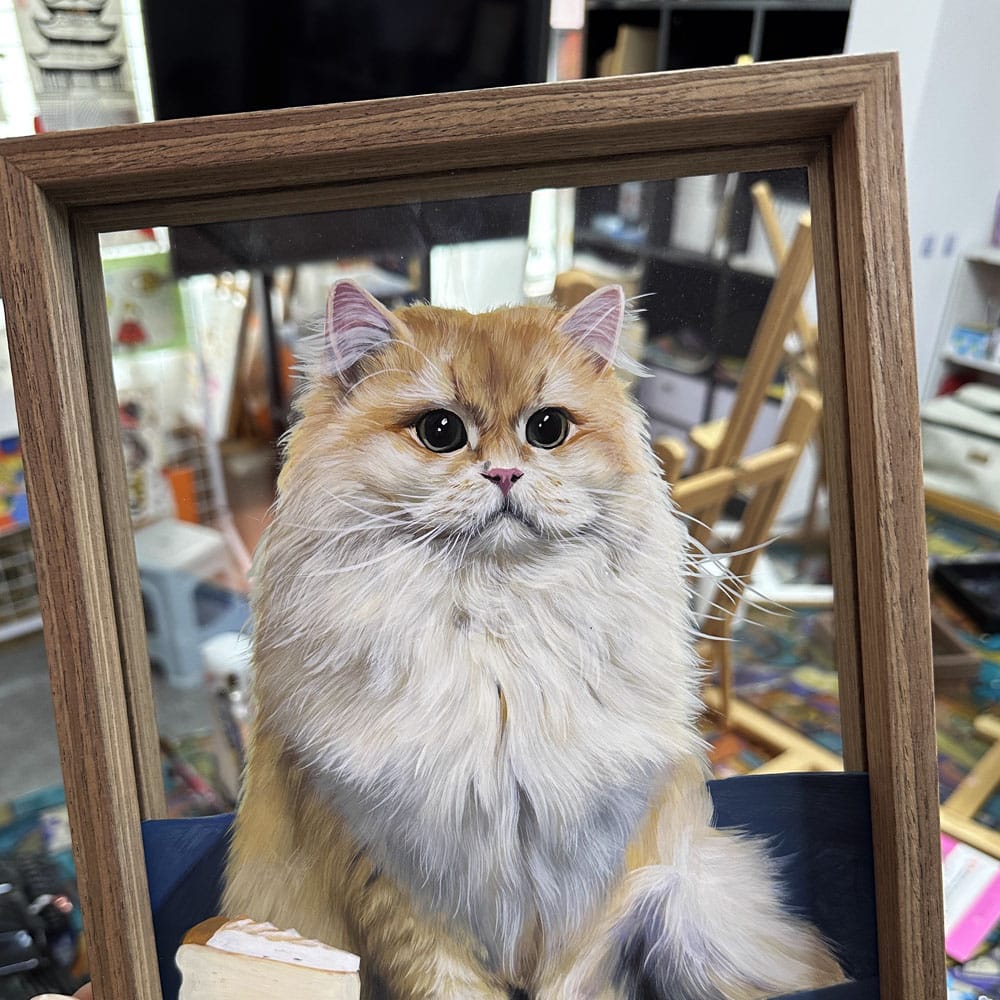 Custom Hand-Painted Fluffy Ginger Cat Portrait on Glass - Persian/Doll-face breed, vibrant gold/cream fur texture, personalized pet art