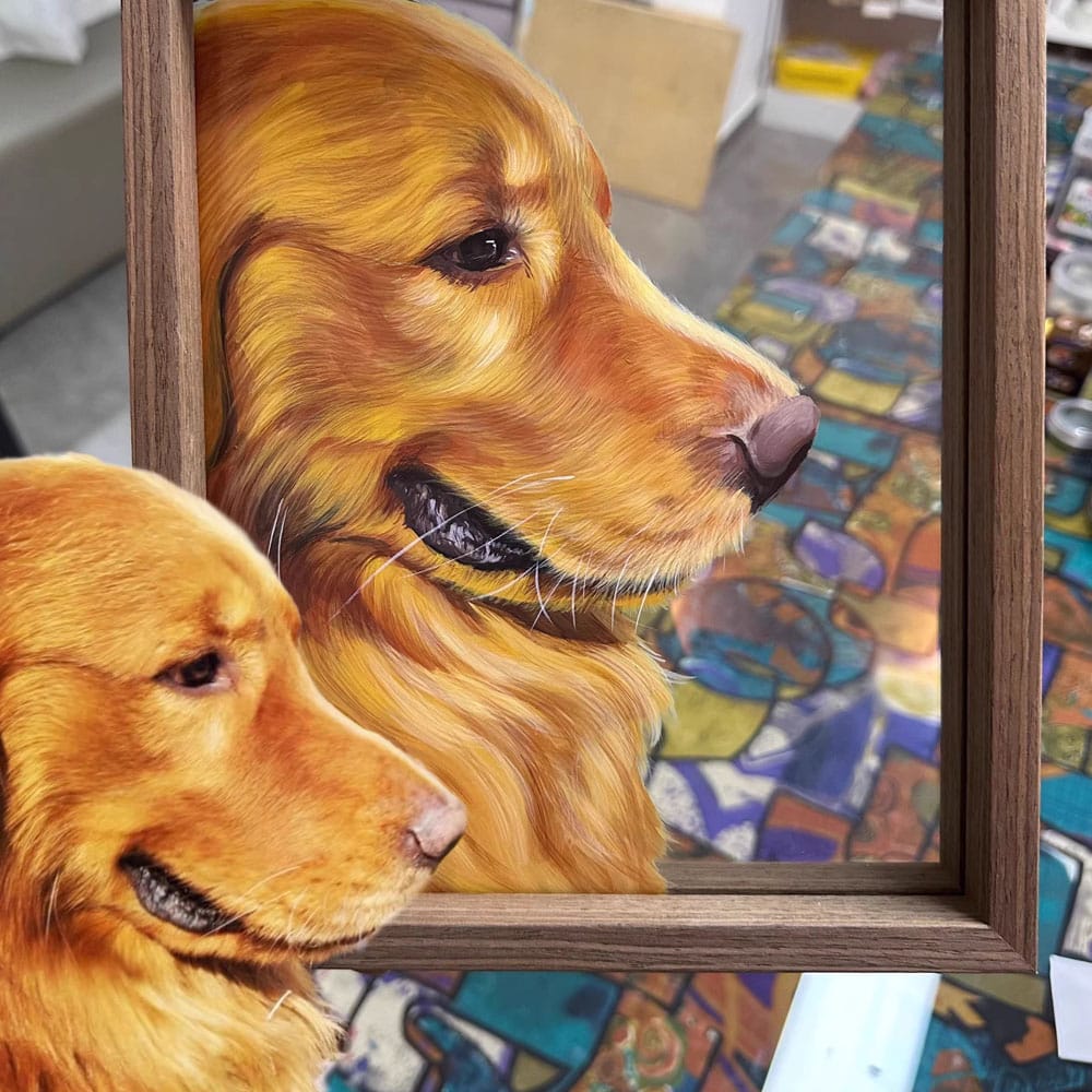 Custom Hand-Painted Golden Retriever Duo Portrait on Glass - Two profiles in wooden frame, high detail fur texture, personalized large dog art memorial gift