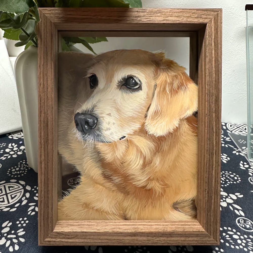 Custom hand-painted dog portrait on glass featuring a realistic painting of a Golden Retriever.