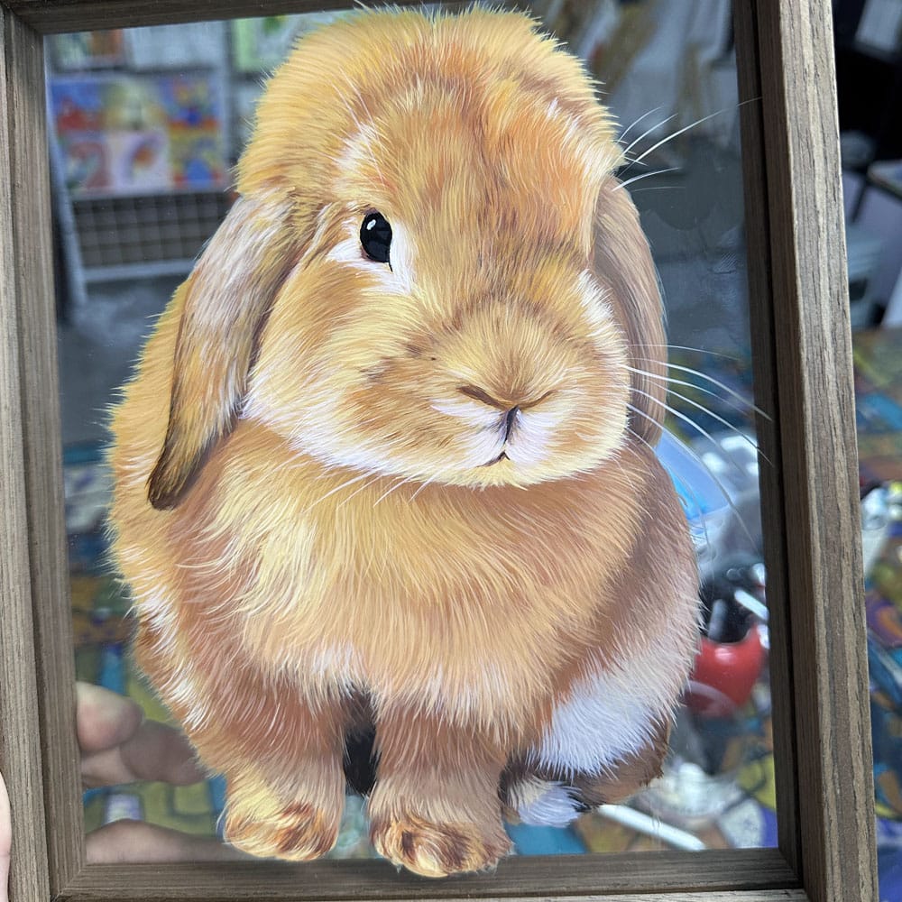 Custom Hand-Painted Lop Ear Rabbit Portrait on Glass - Brown bunny with large eyes and soft fur, unique pet portrait for bunny lovers
