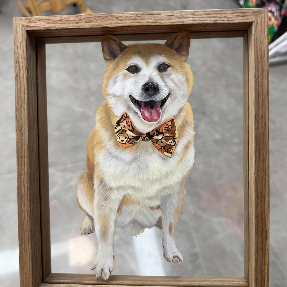Custom Hand-Painted Red Shiba Inu Portrait on Glass - Sitting dog wearing patterned bow tie, wooden framed pet art, personalized memorial gift