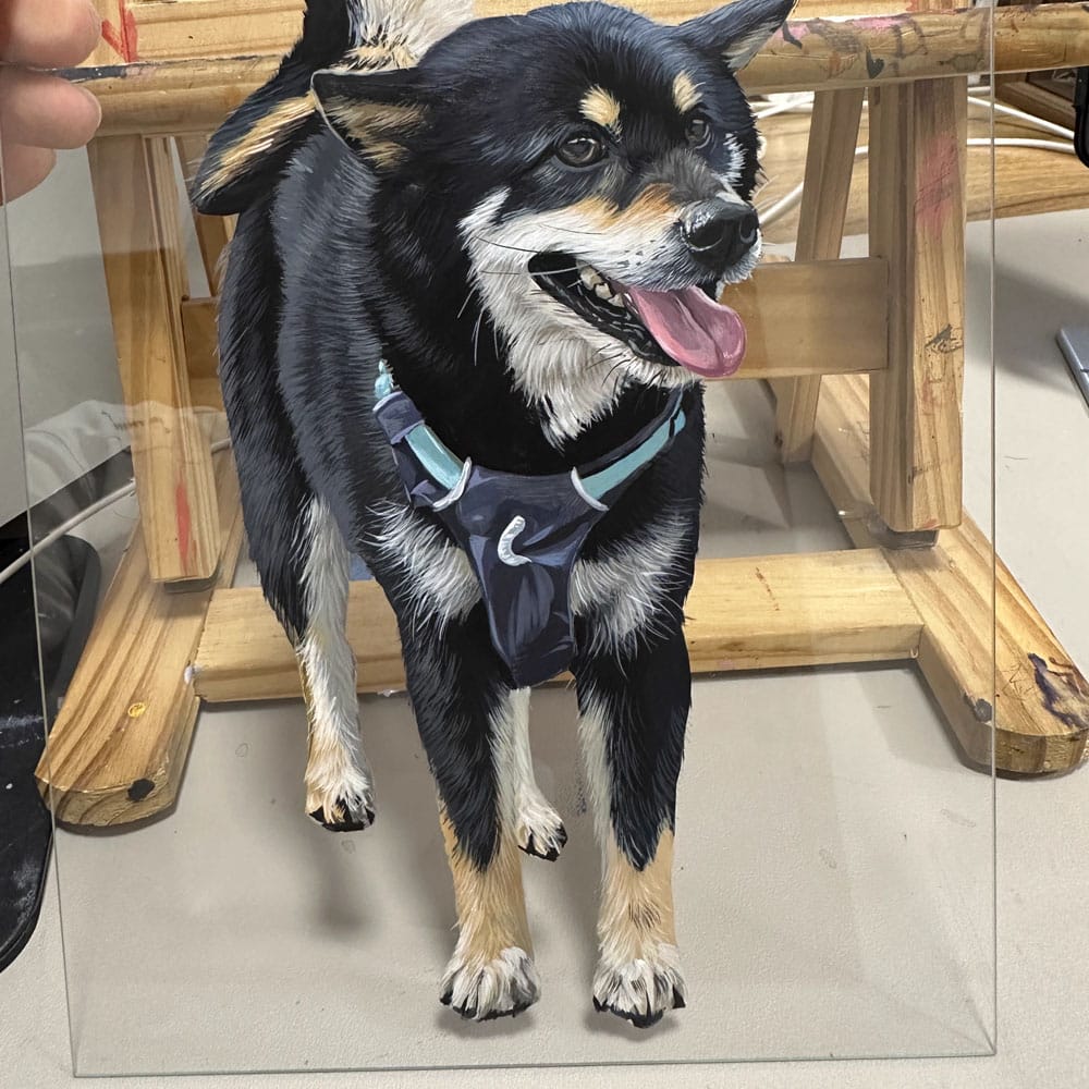 Custom Hand-Painted Shiba Inu Portrait on Glass - Lifelike Black Shiba Inu with blue harness, realistic hand-painted dog artwork, personalized pet memorial gift