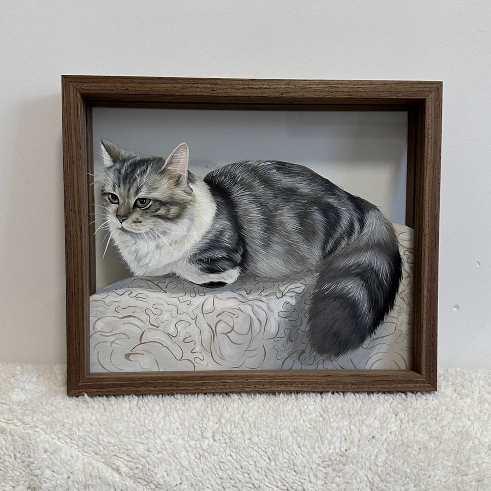 Custom Hand-Painted Silver Tabby Cat Portrait on Glass - Long-haired cat reclining on pillow, wooden framed pet art, personalized cat memorial gift