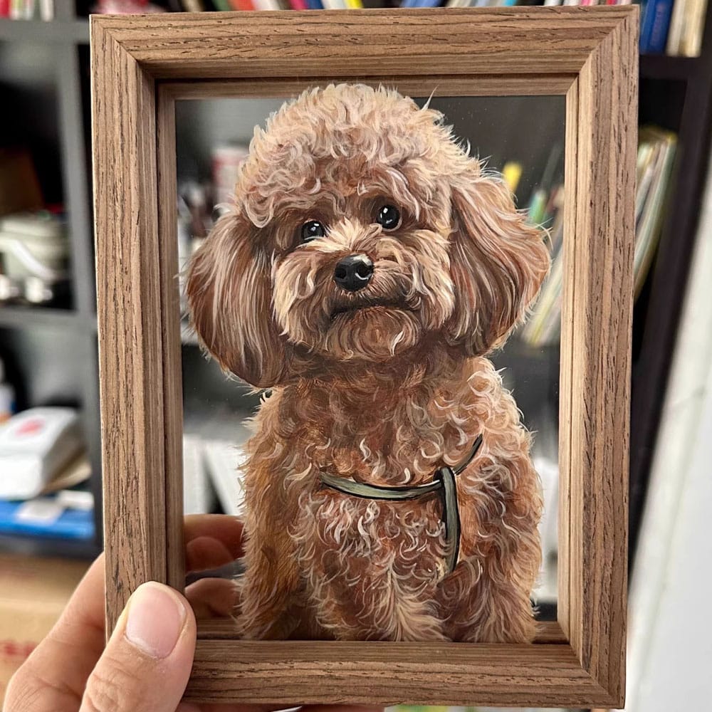 Custom Hand-Painted Toy Poodle Portrait on Glass - Curly brown fur and detail, close-up in wooden frame, personalized dog memorial art gift