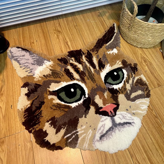 A handmade custom tufted rug designed to look like a pet's portrait.