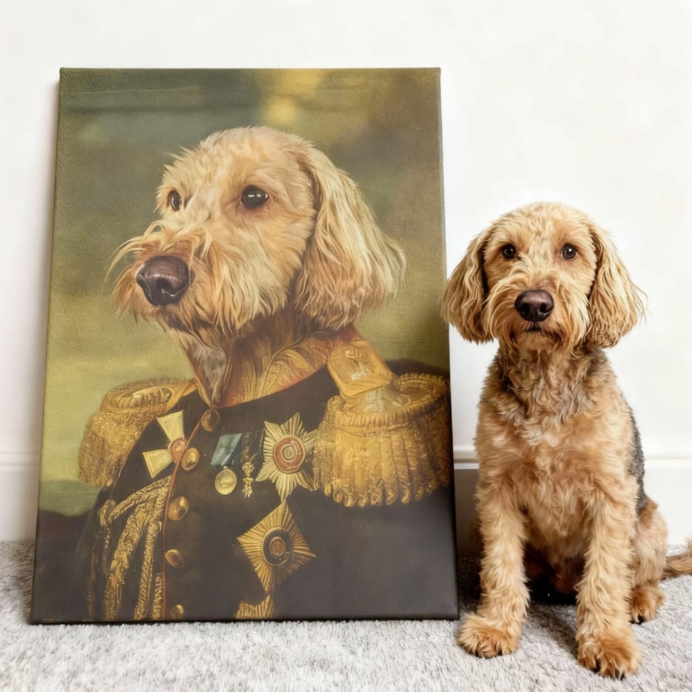 A fluffy tan dog sitting next to its custom renaissance pet portrait canvas as 'The Veteran'.